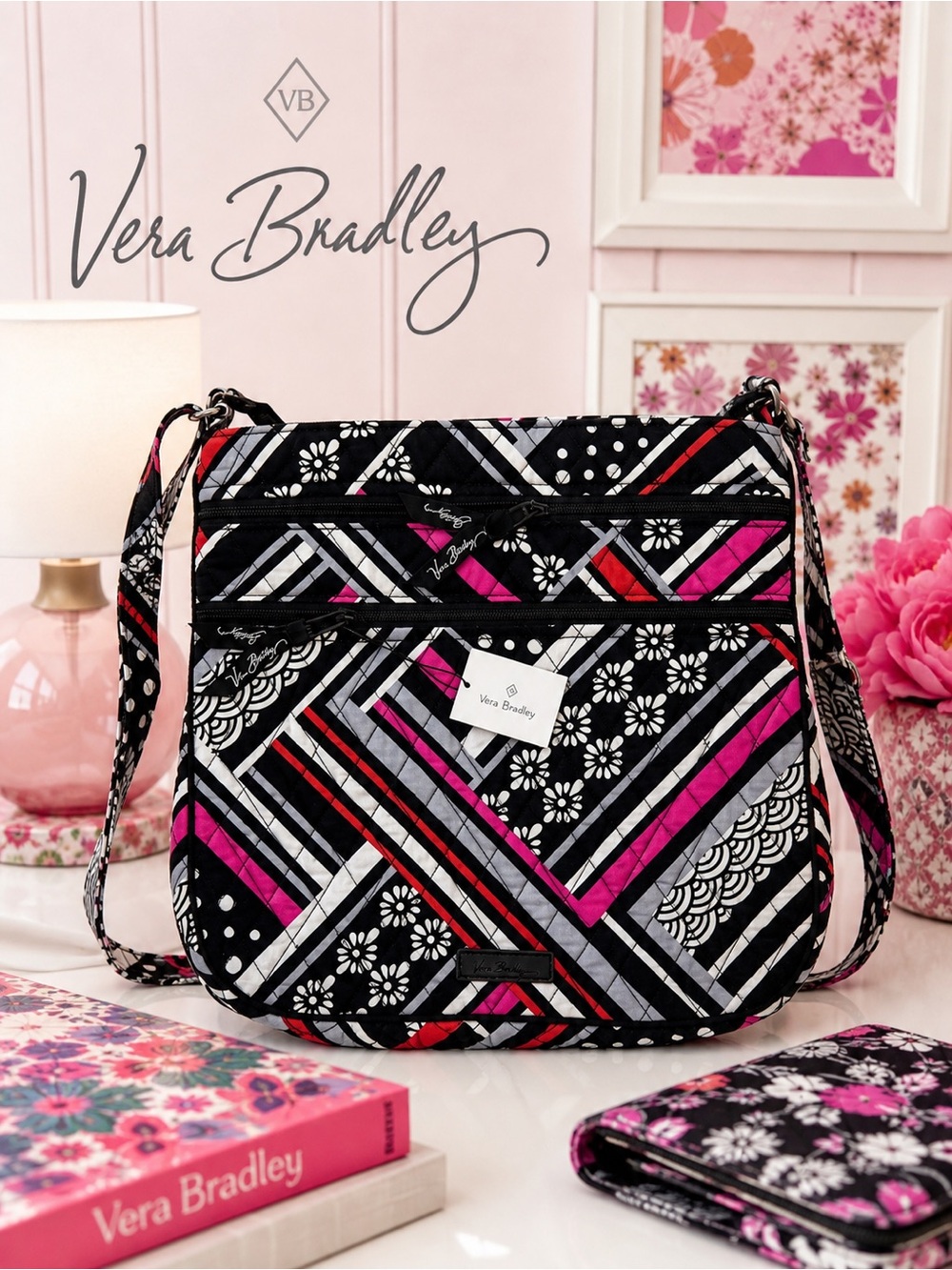 🌸🖤 NWT Vera Bradley Triple Zip Crossbody Bag – Black & Pink 🩷🌸
